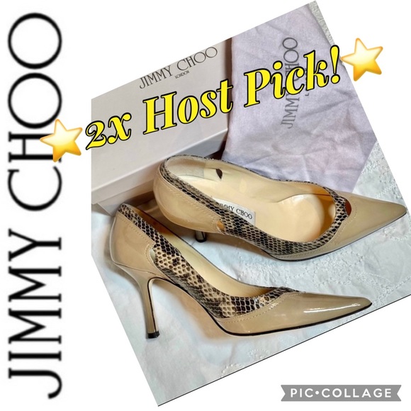 Jimmy Choo Shoes - Choo Patent w/Snake Trim, color “Stone”, Jimmy Choo size Italian 39.5